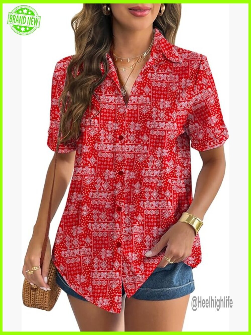 Women's Cotton Linen Button Down Shirt Short Sleeve V Neck Casual Blouse